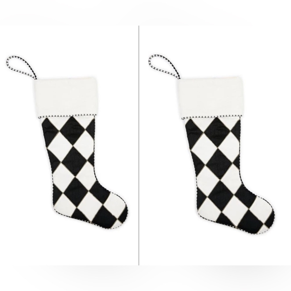 Mackenzie-Childs Courtly Noel Cream & Black Harlequin Stockings SET OF 2.  NWT!
